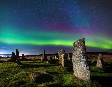 nighttime aurora borealis over ancient stone circle