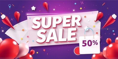 Festive super sale announcement with balloons confetti and fifty percent discount tag