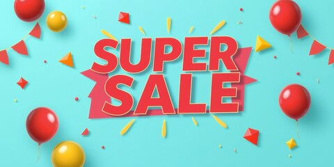Red and yellow balloons with festive shapes bright red text reading SUPER SALE on a teal background