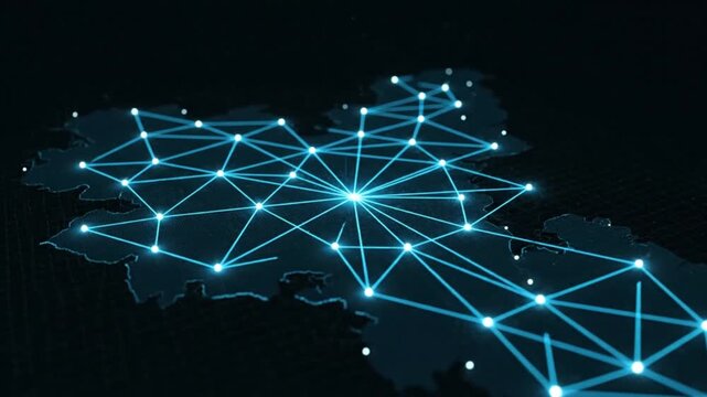 Conceptual illustration of a digital network overlaying a geographical map, representing connectivity.