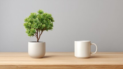 Minimalist Interior of a Cozy Space Featuring a Small Green Plant in a White Pot Next to a Plain White Mug on a Wooden Surface Against a Subtle Gray Background