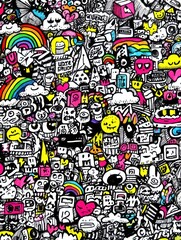 Fototapeta premium This vibrant collage features a multitude of playful characters, rainbows, and whimsical symbols intertwined in a lively display of creativity and expression.