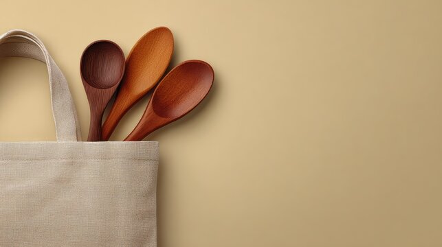 Stylish kitchen utensils in a beige tote bag, showcasing wooden spoons on a soft neutral background perfect for culinary artistry and modern lifestyle themes.