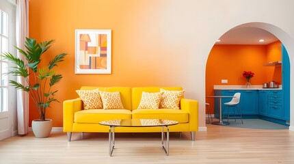 Vibrant ambiance with a yellow and orange living room, yellow sofa, and blue kitchen with arches. Perfect for modern interior design.