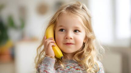 Young girl holding a banana to her ear, pretending to talk in a bright indoor setting