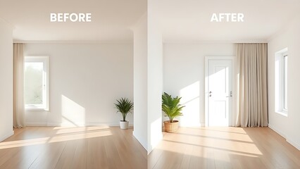 Fototapeta premium Interior renovation progress comparison, showing a simple room transformation with ambient lighting.