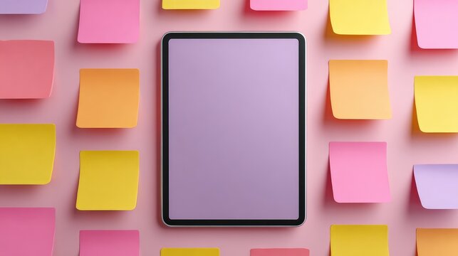 Minimalistic workspace setup featuring a tablet surrounded by colorful sticky notes on a vibrant pink background, showcasing creativity and organization in a modern office environment.