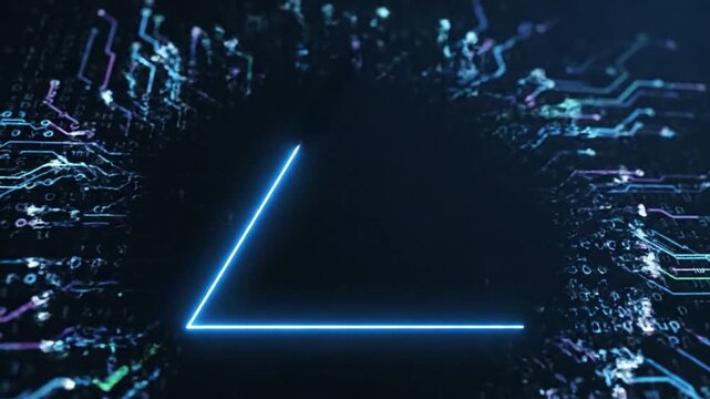 Abstract digital circuit board with a glowing blue triangle in the center, futuristic design.