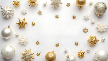 Fototapeta premium Elegance of Christmas in Gold and White, A Festive Frame of Holiday Ornaments and Decorations