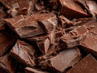Broken pieces of chocolate piled up, close-up, use for baking, dessert background