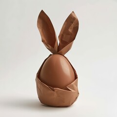 Brown Easter Egg Bunny Wrapped in Paper Against White, Holiday Treat Close-up