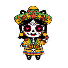 Kawaii Day of the Dead Catrina with Sombrero and Marigold Flowers
