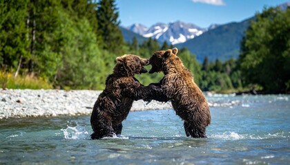 Powerful brown bears playfully fighting in the shimmering river with a stunning mountain backdrop, capturing the raw beauty and untamed spirit of wildlife in the Alaskan wilderness