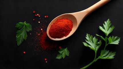 A closeup shot of a wooden spoon filled with bright red paprika powder, surrounded by fresh green parsley leaves against a dark, moody background.
