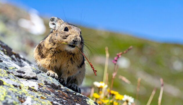 Adorable pika foraging for food in the alpine meadows, a perfect illustration of wildlife thriving in natural habitats under the bright summer sun, capturing the essence of wilderness
