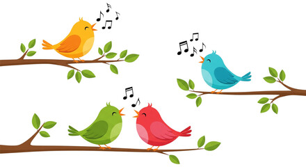 Four colorful cartoon birds singing happily on tree branches with green leaves. Cute vector illustration of nature and music.