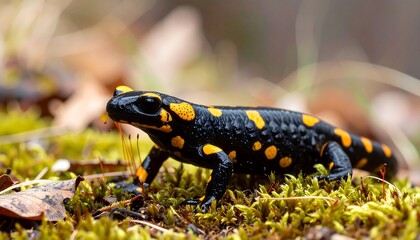 Fototapeta premium Close-up of a salamander on mossy ground