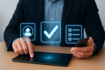 Business professional using tablet and smartphone with futuristic glowing icons representing user profile verification approval and digital checklist management