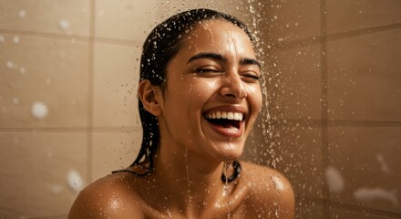 Radiant Laughter: Woman Under Gentle Shower, Her Joyful Expression Bathed in Earthy Hues and Glowing Droplets