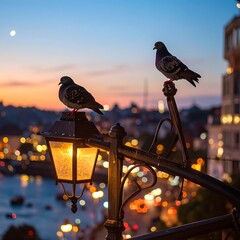City sunset with pigeons