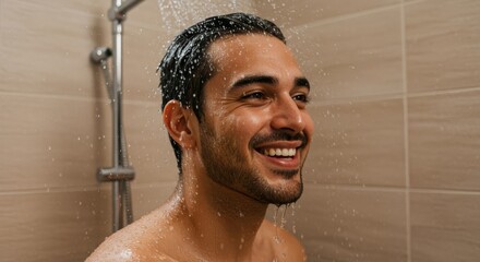 Vivid Refreshment: Joyful Man Smiling in a Warm, Photorealistic Modern Shower Scene