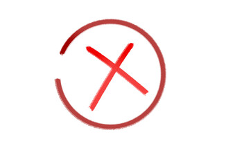 Red cross mark inside a red circle with a gap, isolated on transparent background, symbolizing rejection, error, or incorrect answer, with a handdrawn or chalky texture, conveying a sense of urgency o
