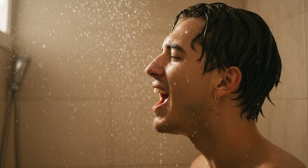 Enthusiastic Pause: Man Sings Joyfully in the Shower with Warm Glow and Earthy Notes