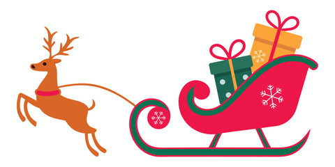 Festive Christmas illustration of a reindeer pulling a decorated sleigh filled with colorful gift boxes and holiday cheer