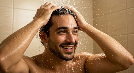 Uplifting Ritual: Man Gladly Washing Hair in a Tightly Framed Modern Shower Scene