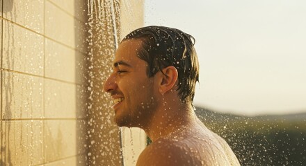 Upbeat Flow: Man Under Rainfall Showerhead with Natural Highlights and Creamy Surround