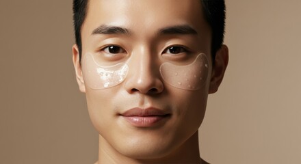 Renewed Vitality: Asian Man with Radiant Skin and Hydrogel Patches in Modern Close-Up