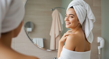 Serenely Beaming Millennial Woman, Hand at Collarbone in Towel, Face Crystal Clear in Circular Mirror