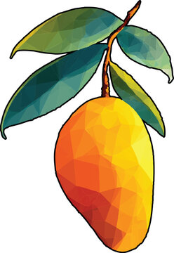 Vibrant Low Poly Mango Illustration with Leaves Vector Art