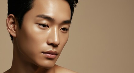 Refined Glow: Modern Studio Portrait of Asian Man with Glass-Like Luminous Skin