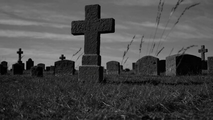 Eerie timelapse of an overcast cemetery with swaying grass and stone crosses - Powered by Adobe