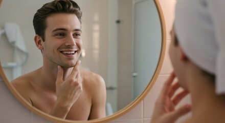 Gentle Confidence: Clear-Skinned Millennial Man, Hand at Jaw, Sunlit Circular Mirror Reflection