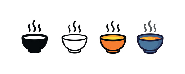 Vector icon hot soup bowl four styles black solid glyph outline minimal flat multicolor filled cartoon flat shaded.