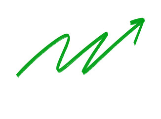 A green arrow drawn with a marker, indicating upward progress and growth, isolated on transparent background
