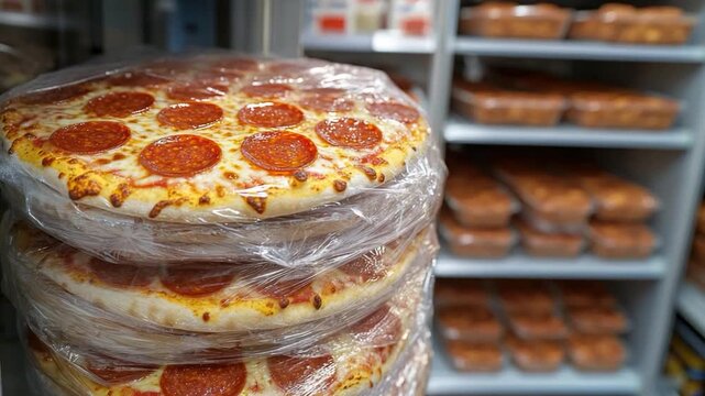 A stack of three pizzas wrapped in plastic for delivery or takeout