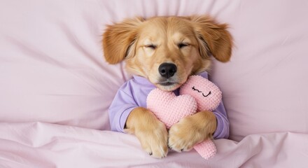 Heartwarming Nap: Puppy in Lilac Pajamas Embracing Pink Heart on Pastel Sheet