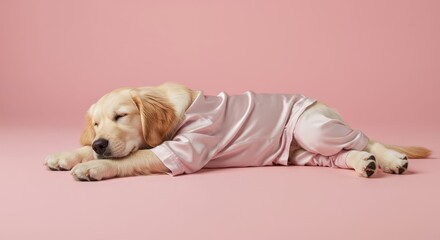 Satin Daydream: Puppy in Lavender Sleepwear Stretched on Pink