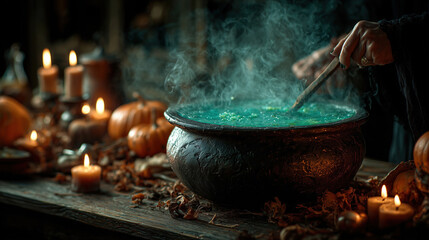 Witch stirring a bubbling cauldron during a Halloween celebration in a dimly lit room surrounded by candles and pumpkins