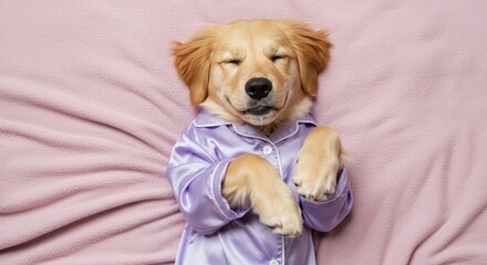Puppy Smile: Golden Retriever in Silky Lilac Pajamas, Cozy on Pink Blanket