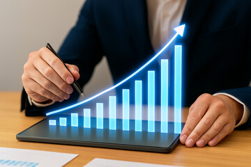 Professional business analyst reviewing financial data on tablet with holographic bar chart growth arrow success strategy progress performance visualization