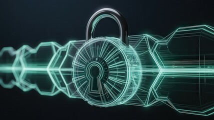 A digital padlock with a wireframe design and glowing lines on a dark background representing security