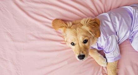 Dreamy Puppy Nest: Golden Retriever in Satin Lavender Pajamas on Soft Pink Bed