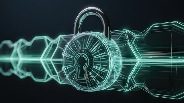 A digital padlock with a wireframe design and glowing lines on a dark background representing security - Powered by Adobe