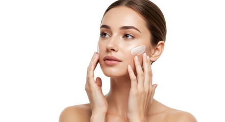 Uplifting Ritual: Woman's Upward Strokes of Moisturizer Enhance Radiant, Effortless Skin