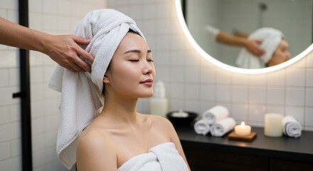 Center of Peace: Asian Woman Relishes Scalp Massage Wrapped in Crisp White Towels
