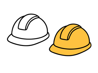 Vector illustration featuring a construction safety hard hat in two versions: a colored yellow version and a black line outline. Simple worker protection icon for site or industrial design.